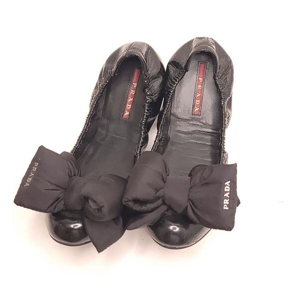 Prada Sport Black Patent Leather Nylon Bow Detail Scrunch Ballet Flat Size 36.5 - Picture 4 of 10